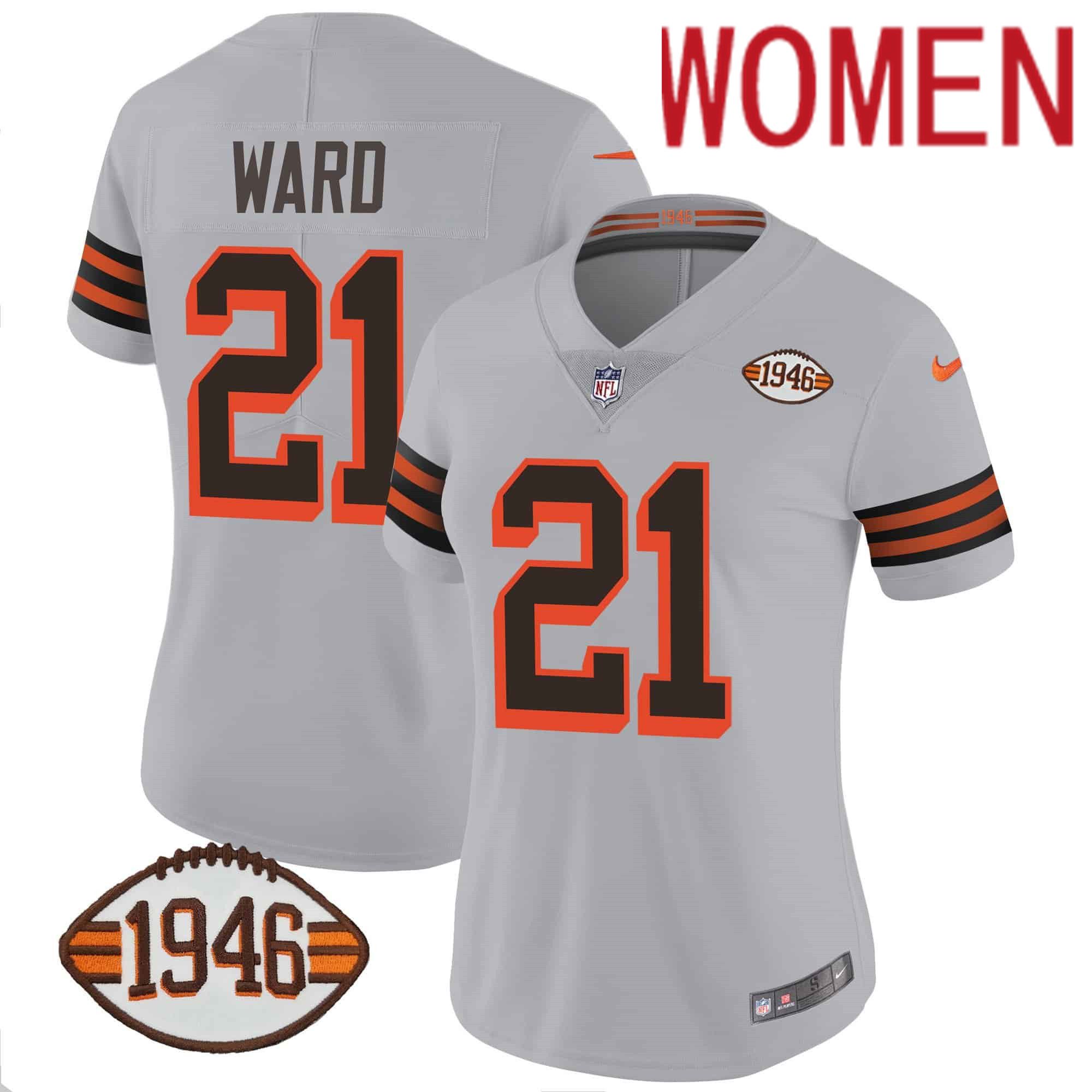 Women Cleveland Browns 21 Ward Grey 1946 75th Anniversary Patch 2024 Nike NFL Jersey